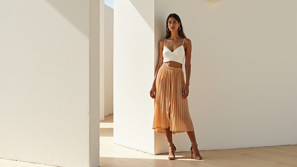 Midi skirt, cropped top, heeled sandals, Brazilian fashion, summer 2026, elegant, natural lighting, Saia midi com cropped e sandálias de salto, look verão 2026.