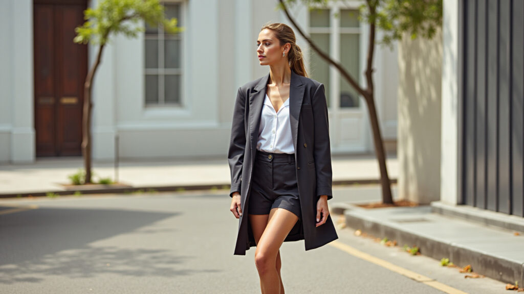 Oversized blazer, high-waisted shorts, white sneakers, Brazilian street style, summer 2026, natural Blazer oversized com shorts de cintura alta e tênis, moda verão 2026.
