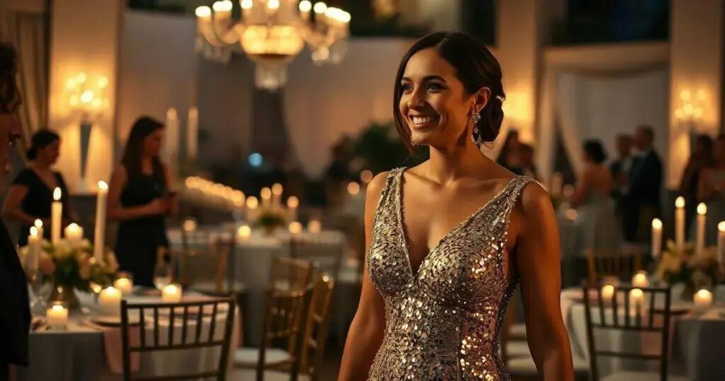 pode usar vestido de paetê dourado em casamento a noite como convidada