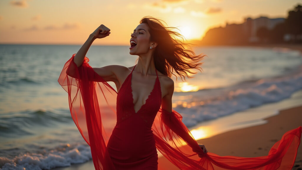 Red dress with lace, New Year's Eve beach, passionate, powerful, Brazilian woman, sunset, 8K, Vestido vermelho para o Ano Novo na praia, look apaixonante.