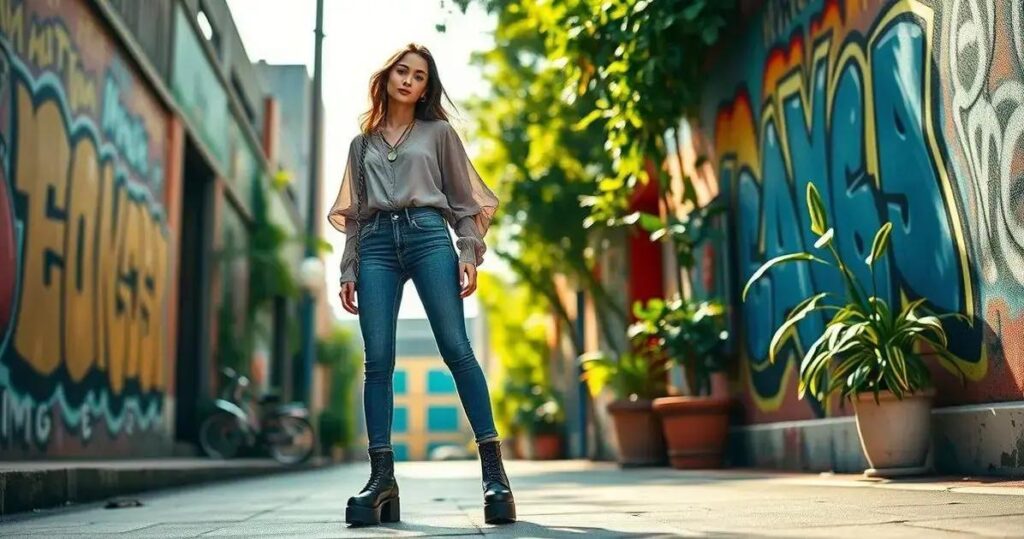 sandália plataforma com calça jeans