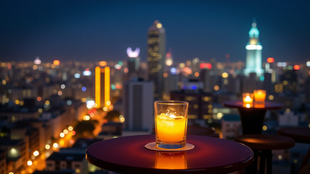 Seen São Paulo rooftop bar, panoramic city view, elegant, cocktails, night scene, vibrant, 8K, Vista panorâmica do Seen São Paulo, rooftop bar.