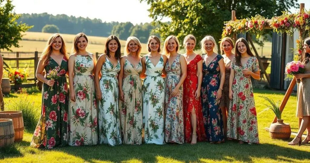 vestido longo estampado para casamento no campo convidada