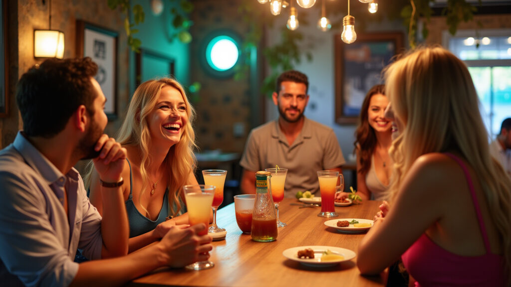 Vila Madalena boteco, happy hour, friends laughing, caipirinhas, vibrant, Brazilian decor, Happy hour animado no Boteco do Neco, Vila Madalena.