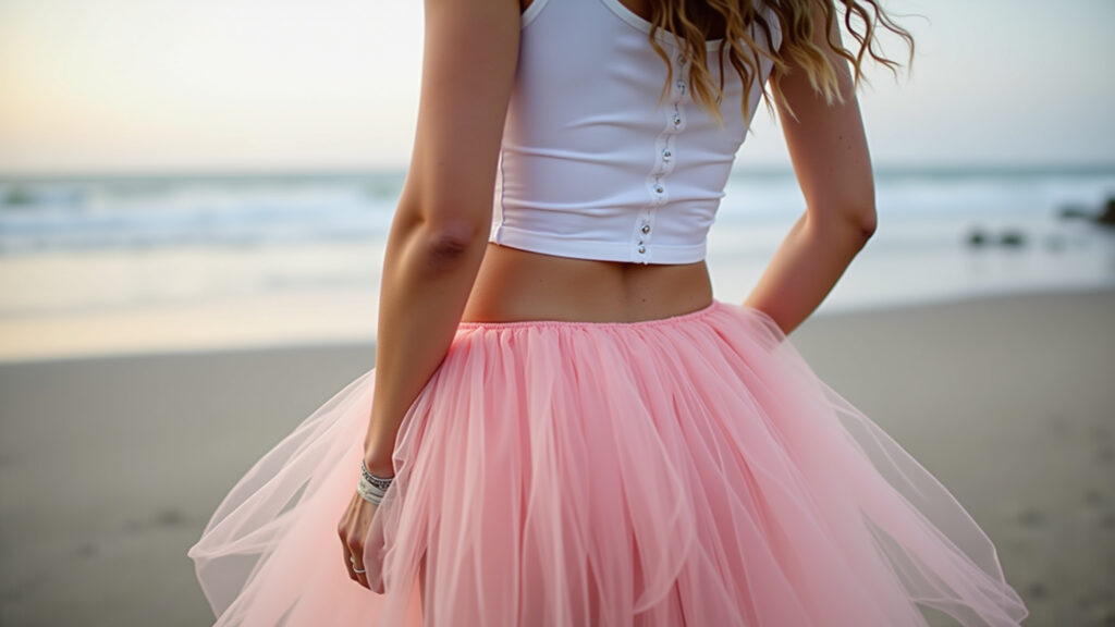 Woman in pink tulle skirt, white crop top, romantic beach setting, New Year's Eve, soft light, 8K, Saia rosa e cropped para o Ano Novo na praia, look romântico.