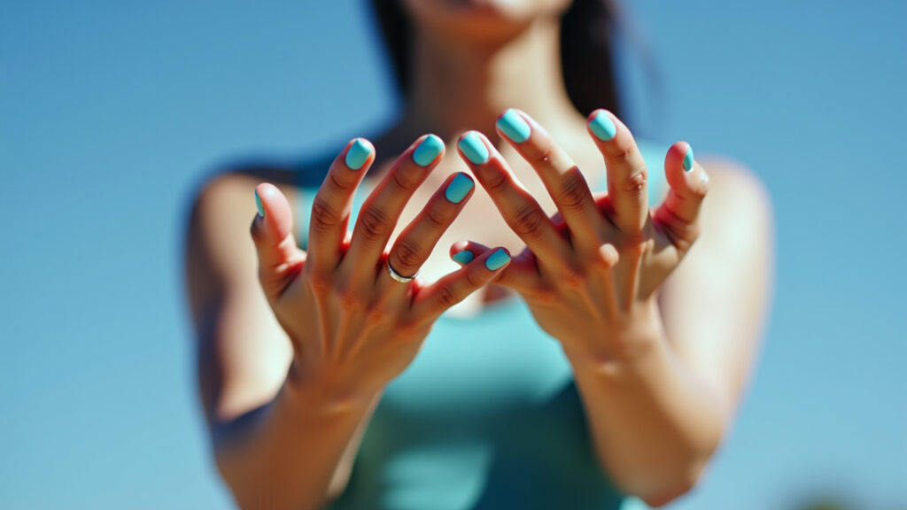 Woman's hands with vibrant sky blue nails against a blue sky background, natural light, lifestyle Unhas azul celeste vibrante, cor do céu nas suas mãos para 2025-2026.