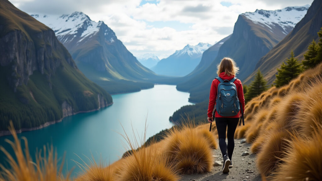 7-day New Zealand adventure itinerary. Woman hiking in Fiordland National Park, scenic view. 8K, Mulher trilhando no Fiordland National Park, Nova Zelândia.