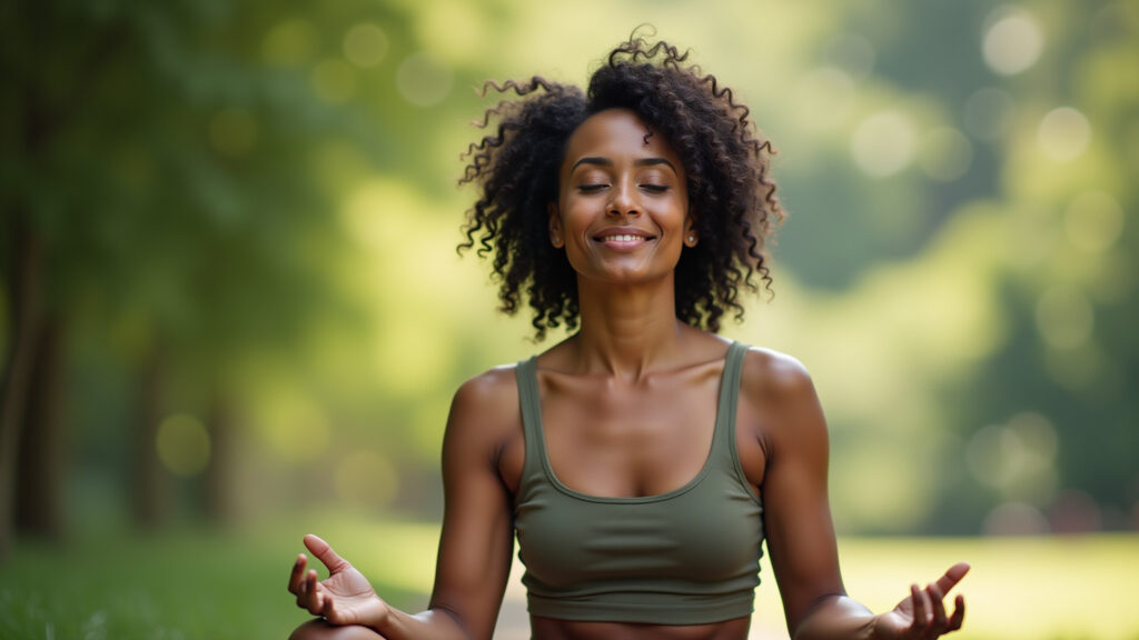 8K quality, sharp focus: A determined Brazilian woman meditating outdoors, overcoming challenges. Capricorniana meditando, superando desafios.