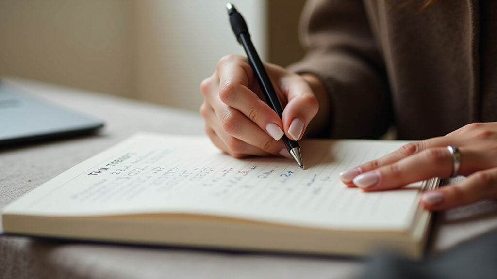 8K quality, sharp focus: Close-up of a Brazilian woman's hands writing down Capricorn traits in a Anotando características de Capricórnio.