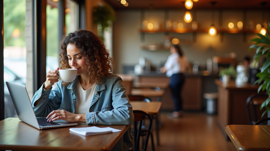 A cozy cafe in Gramado, Rio Grande do Sul. Woman digital nomad working, enjoying coffee, European Café aconchegante em Gramado para nômade digital.