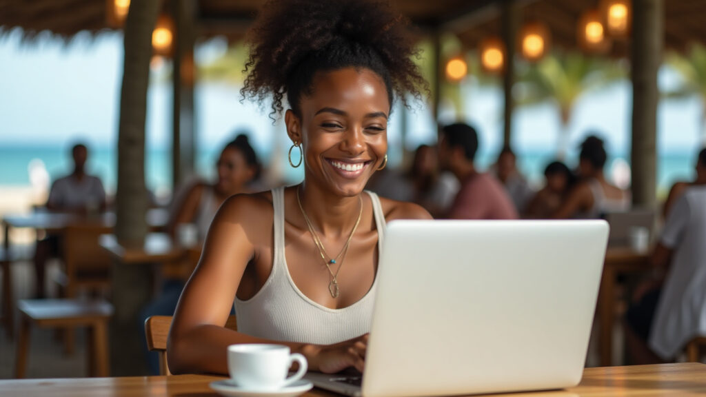 A vibrant Brazilian woman working on a laptop at a beach cafe in Florianópolis, smiling, with Mulher nômade digital trabalhando em Florianópolis, SC.