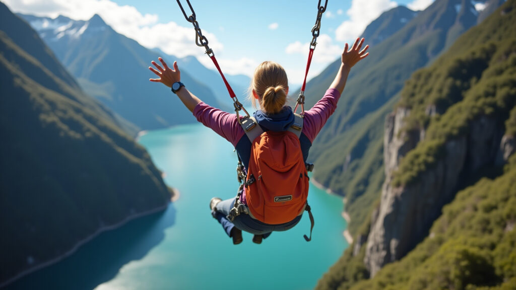 Adventurous woman bungee jumping in Queenstown, New Zealand. Professional photography, 8K quality, Mulher salta de bungee jump em Queenstown, Nova Zelândia.