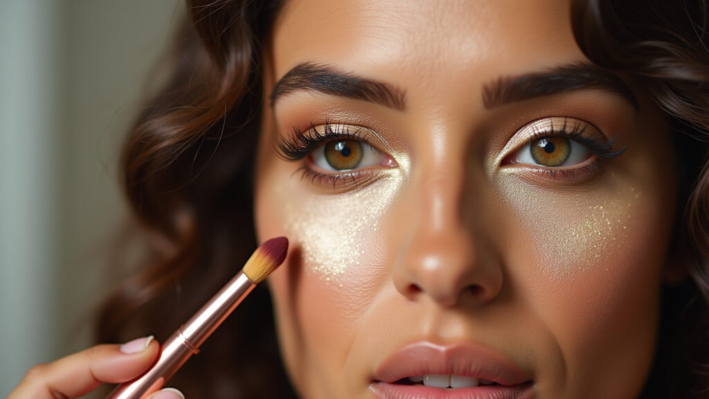 Applying champagne highlighter on temples for strawberry makeup, Brazilian influencer style, Aplicação de iluminador champagne nas têmporas para um glow natural.
