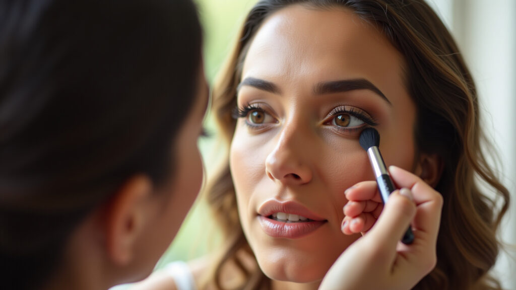 Applying light brown eyeshadow for strawberry makeup, Brazilian woman, natural light, 8K, Aplicação de sombra marrom clara para dar profundidade ao olhar.