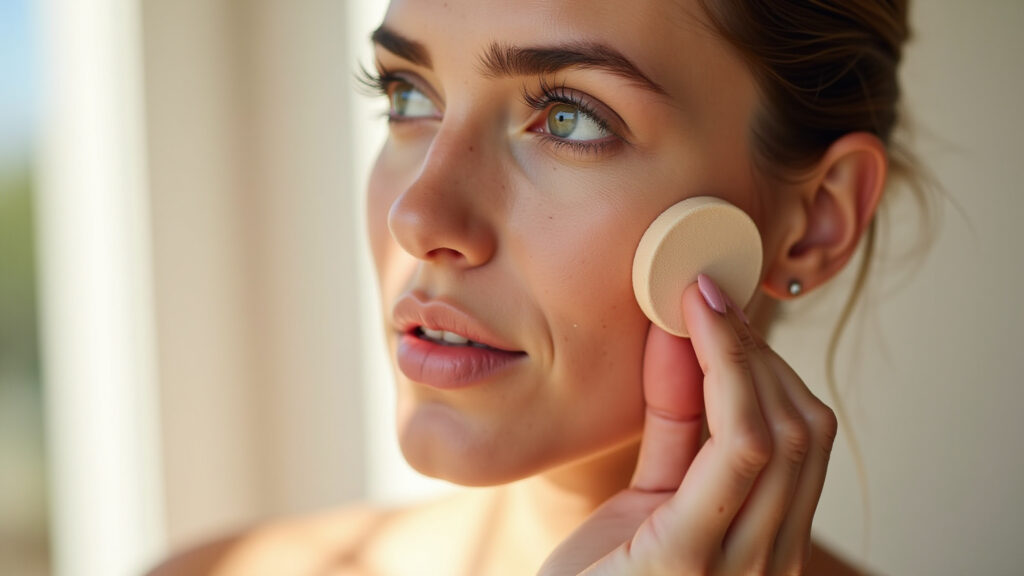 Applying light foundation with a sponge for strawberry makeup, natural light, Brazilian influencer Aplicação de base leve com esponja para uniformizar o tom da pele.