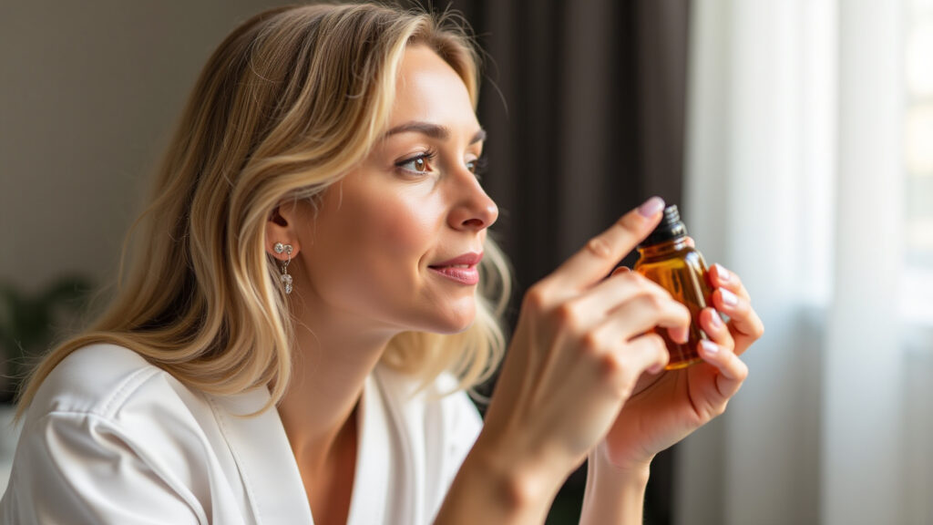 Applying oil to hair before sleep, focus on hands, soft light, Brazilian bedroom style, 8k, Umectação noturna com óleo vegetal para pontas secas.