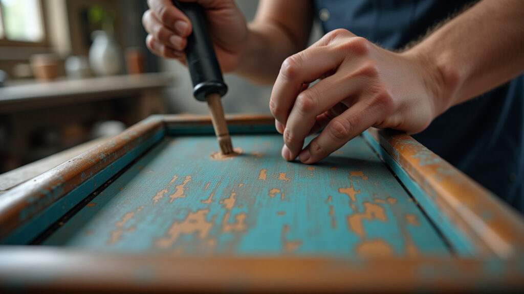 Applying patina to antique wooden frame, dark and light paint, sanding, workshop, natural light, Aplicando pátina em moldura de madeira antiga.