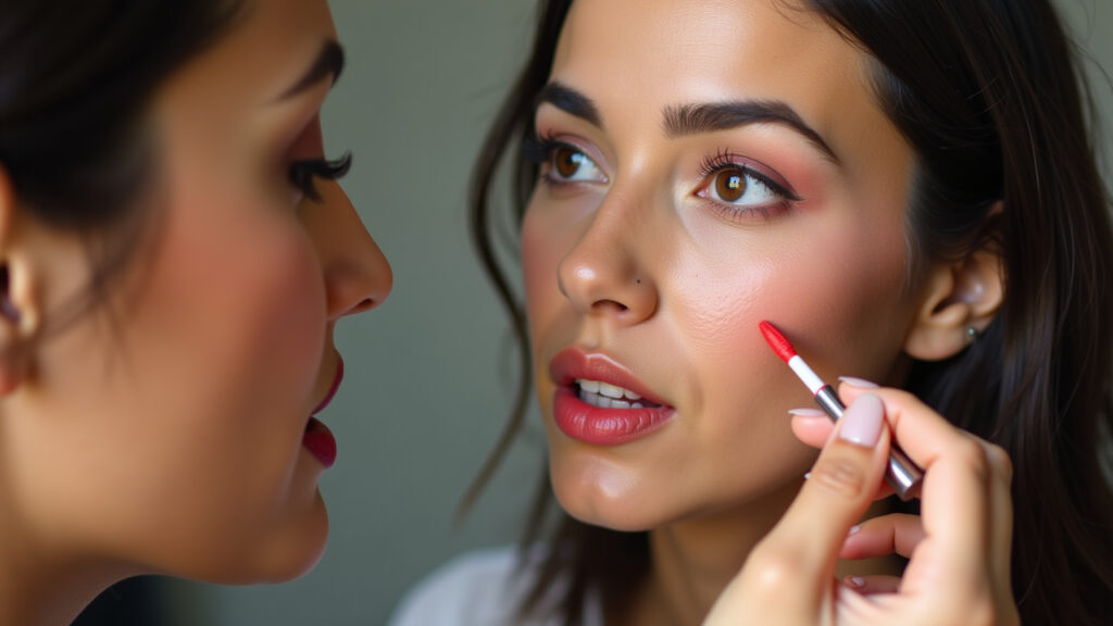 Applying rosy lip gloss for strawberry makeup, Brazilian woman, natural light, 8K, professional Aplicação de gloss rosado nos lábios para finalizar a maquiagem.