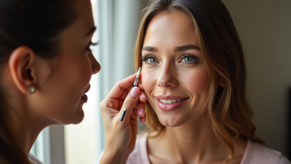 Applying soft contour on the face for strawberry makeup, Brazilian woman, natural light, 8K, Aplicação de contorno suave no rosto para definir os traços.