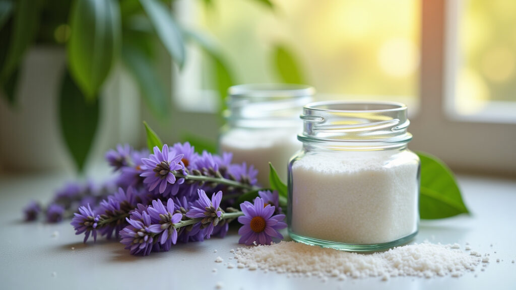 Aromatic bath salts, lavender, chamomile, glass jars, natural light, 8K quality, lifestyle Sais de banho aromáticos relaxantes para lembrancinha de maternidade.