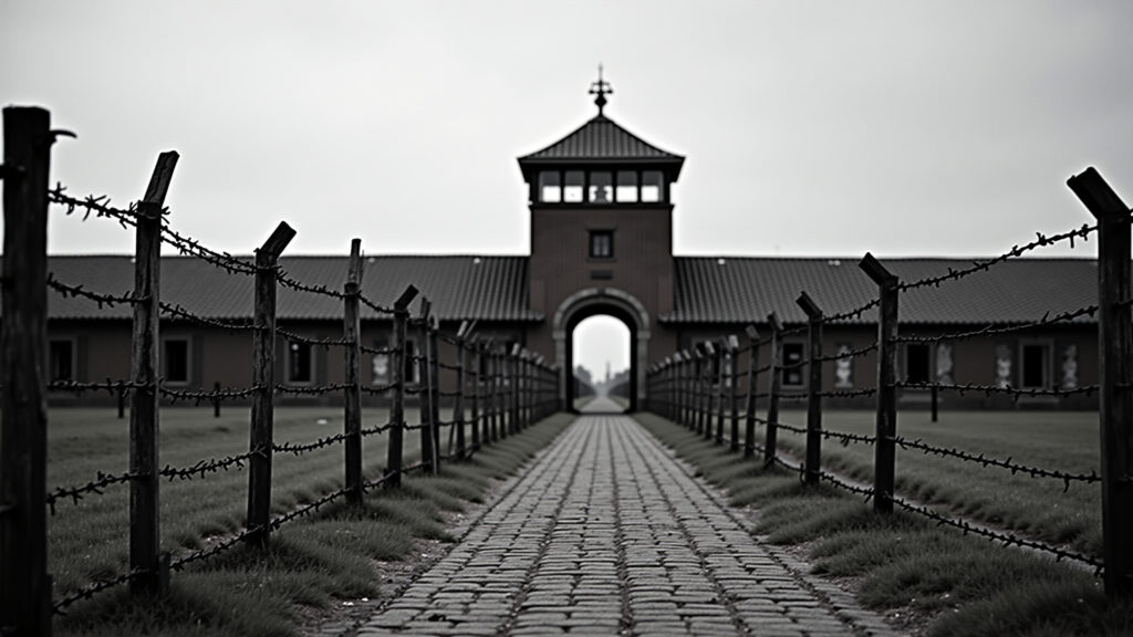 Auschwitz-Birkenau Memorial, somber atmosphere, barbed wire fence, professional photography, 8K Memorial Auschwitz-Birkenau: um lugar de reflexão e memória.