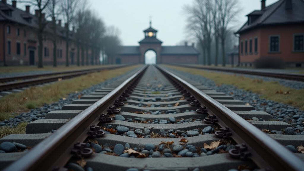 Auschwitz-Birkenau railway tracks, haunting perspective, professional photography, 8K quality, Trilhos de trem em Auschwitz-Birkenau: um lembrete sombrio.