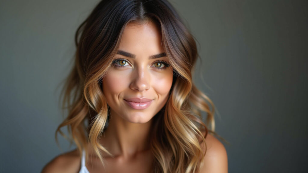 Balayage money piece highlights, subtle light, professional photography, 8K quality, sharp focus, Mechas 'money piece' balayage sutis.