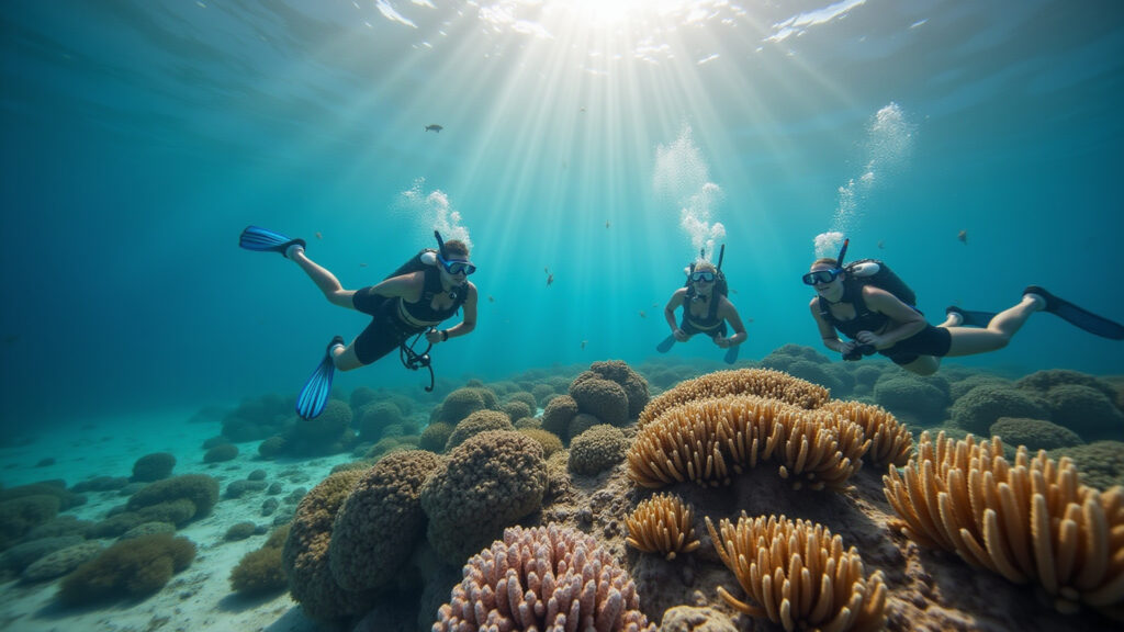 Belize Barrier Reef, snorkelers exploring coral, UNESCO site, diverse marine life, clear water, Snorkelers explorando a beleza do Belize Barrier Reef, um Patrimônio da UNESCO.