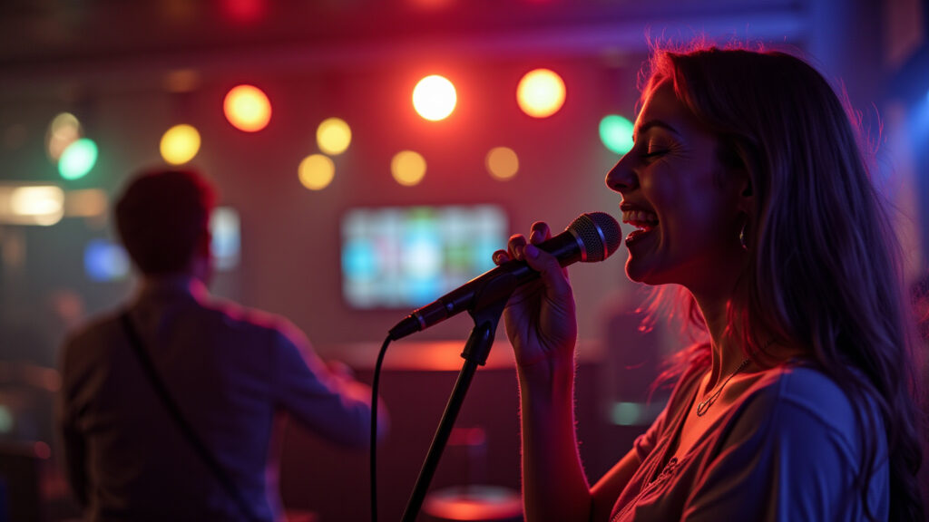 Belo Horizonte nightlife. Woman enjoying live music in a bar, vibrant atmosphere, professional Mulher curtindo música ao vivo em bar de BH.