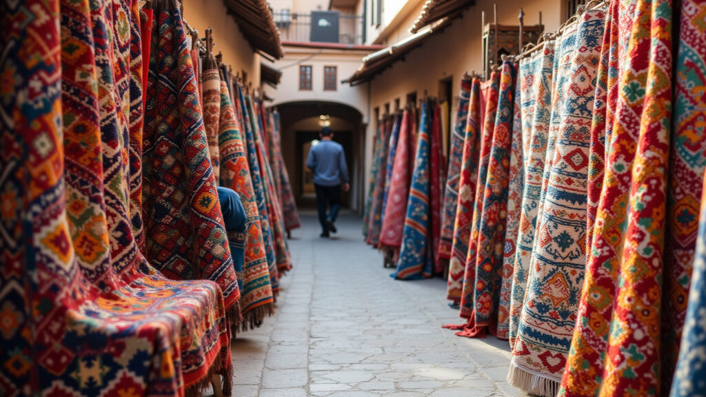 Berber carpets souk, vibrant colors, geometric designs, professional photography, 8K quality, sharp Tapetes berberes coloridos em um souk, Marrocos.