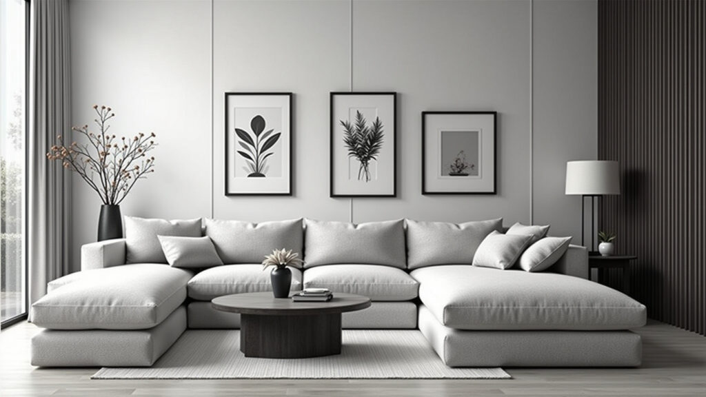 Black and white photo gallery, elegant decor, minimalist style, home decor, timeless design, Decoração elegante com fotos em preto e branco.