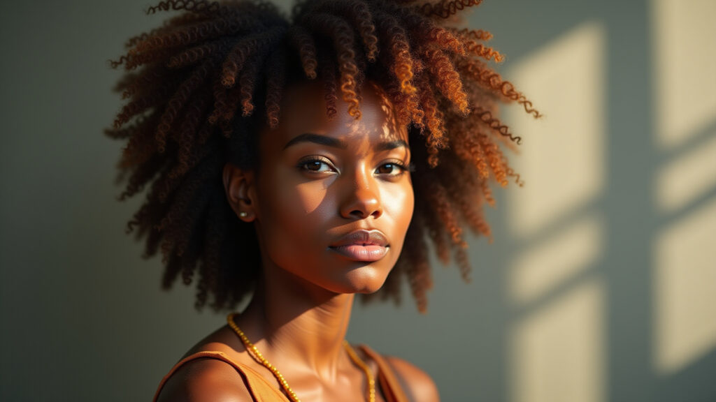 Black woman with copper money piece highlights, afro hair, natural light, professional photography, Negra com mechas 'money piece' cobre.