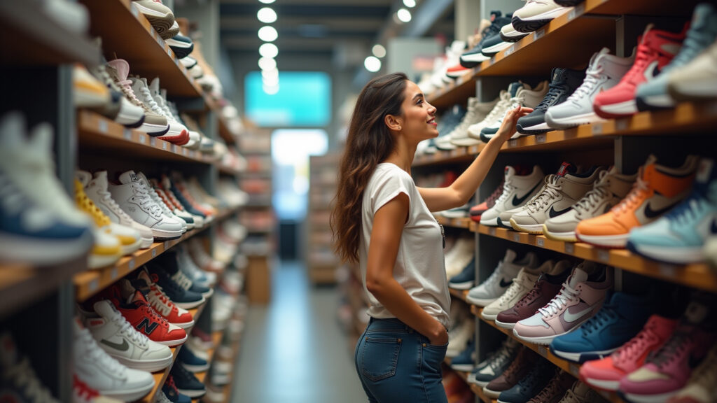 Mulher escolhendo tênis em loja.