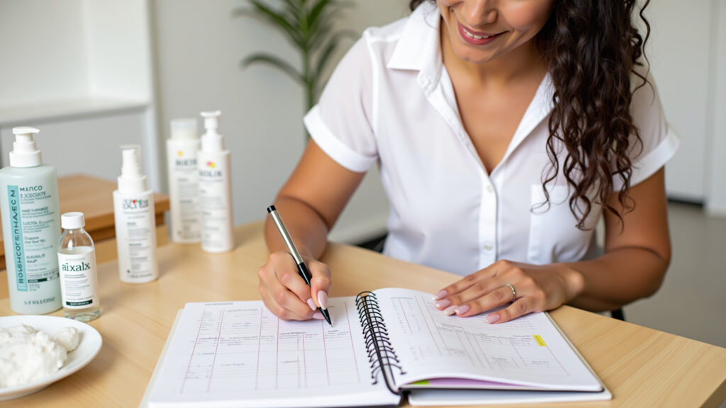 Brazilian woman creating a personalized hair care schedule, writing in a notebook, surrounded by Cronograma capilar personalizado para cabelos ressecados.