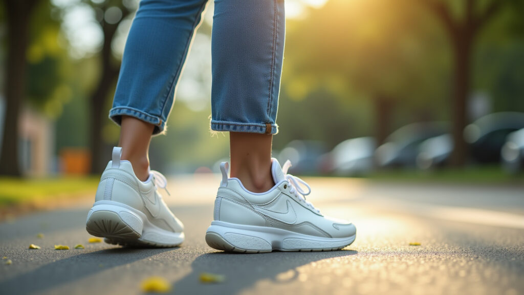 Tênis branco com jeans de cintura alta.