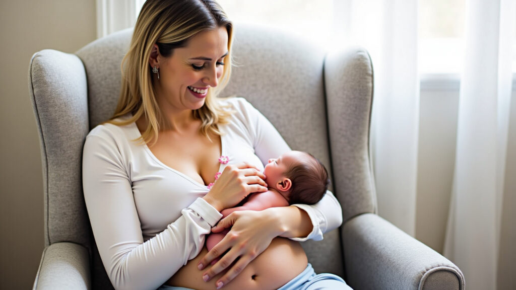 Breastfeeding support, lactation consultant assisting new mother in comfortable position, natural Consultora de amamentação auxiliando mãe.