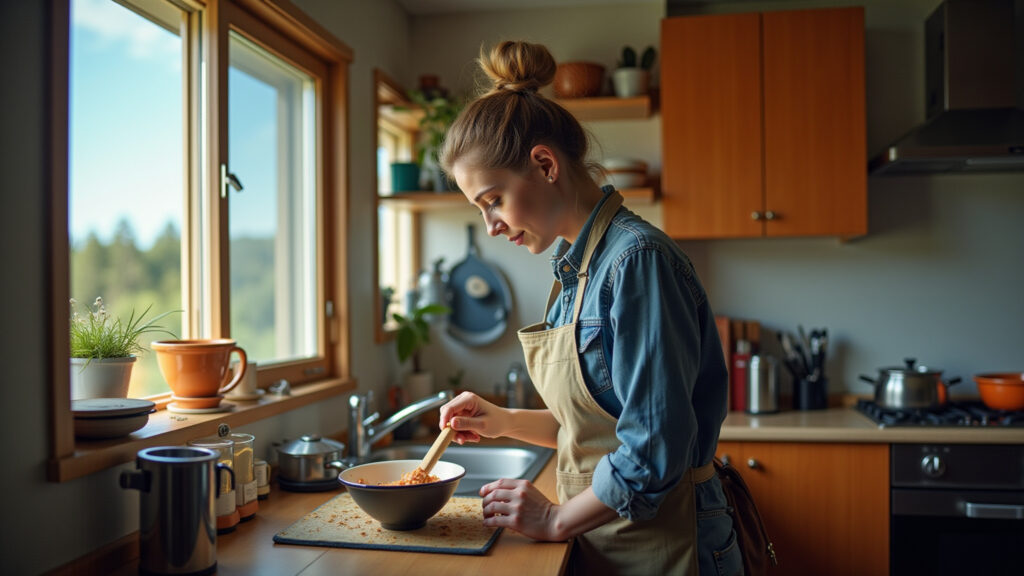 Budget travel in New Zealand. Woman in hostel kitchen cooking. Natural lighting, 8K, sharp focus, Mulher cozinhando em cozinha de hostel na Nova Zelândia.