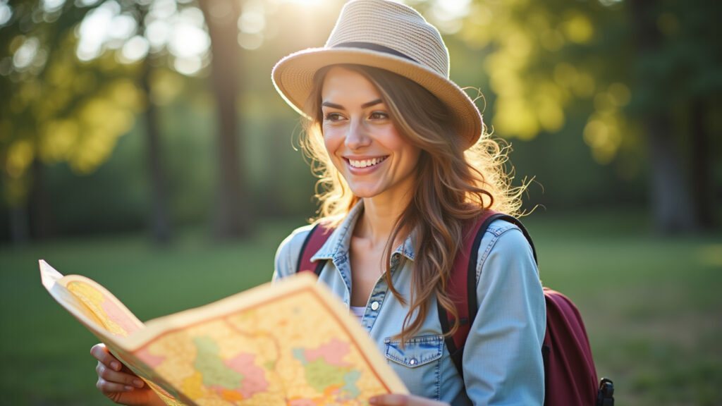 Budget travel planning, woman with map, smiling, natural light, vibrant colors, travel journal, Mulher planejando viagem barata com mapa e caderno.