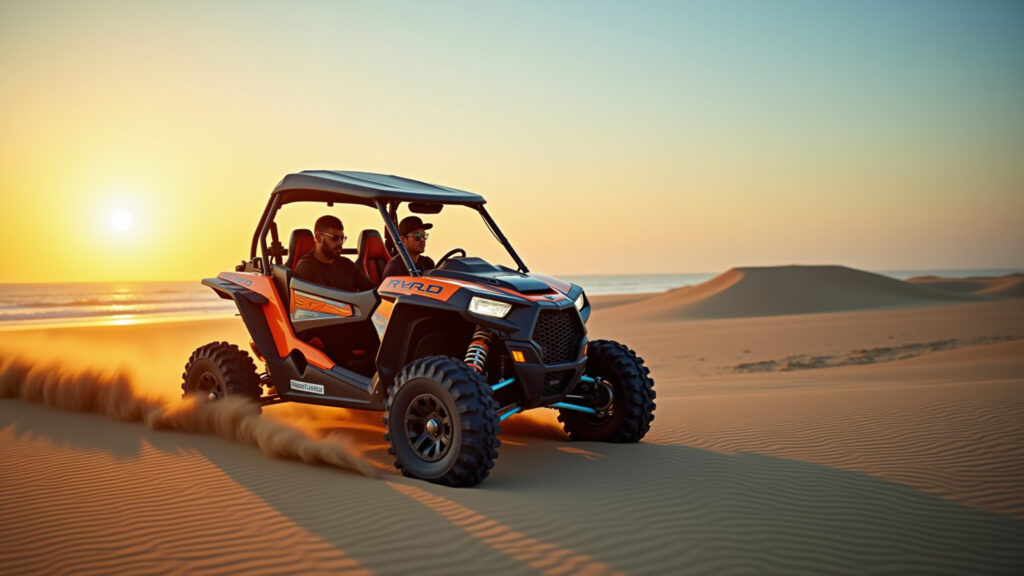 Buggy ride Natal dunes, golden hour, professional photography, 8K quality, sharp focus, Passeio de buggy nas dunas de Genipabu, Natal.