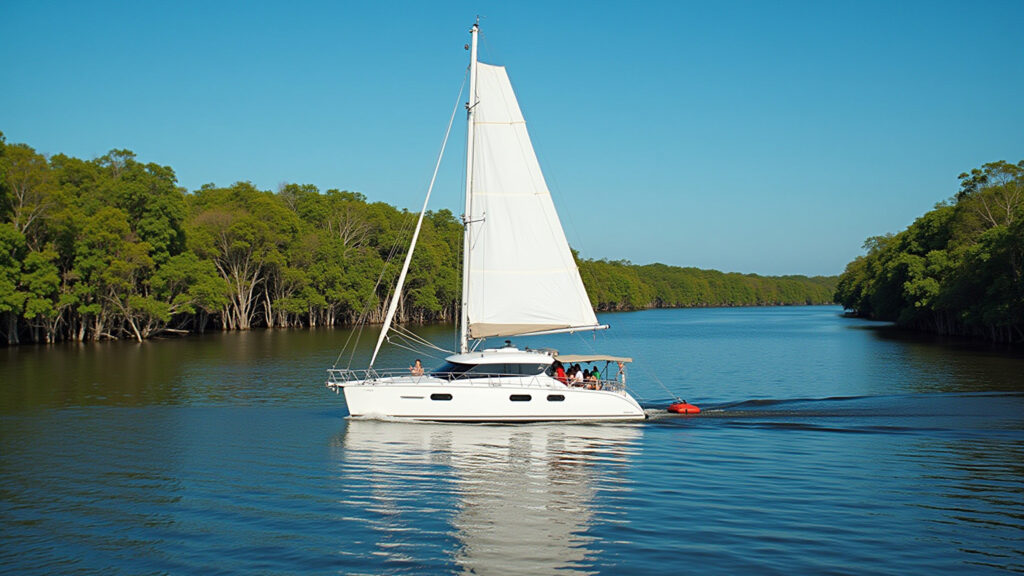 Catamaran tour Potengi River, mangroves, professional photography, 8K quality, sharp focus, Passeio de catamarã pelo Rio Potengi.