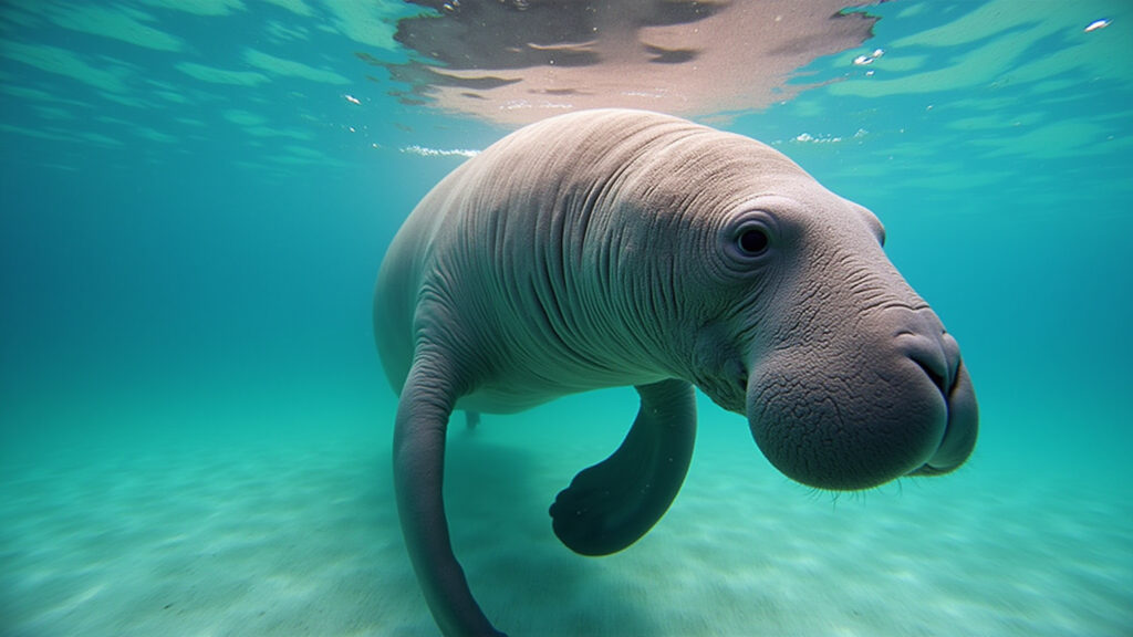 Caye Caulker, Belize, relaxed diving, manatee encounter, clear waters, professional photography, Mergulhador encontra um peixe-boi em Caye Caulker, Belize.
