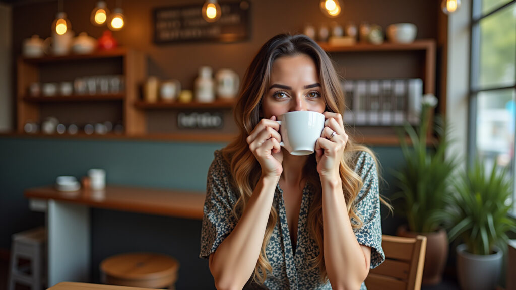 Charming cafe, Belo Horizonte. Woman enjoying coffee, cozy atmosphere, professional photography, 8K Mulher saboreando café em café charmoso de BH.