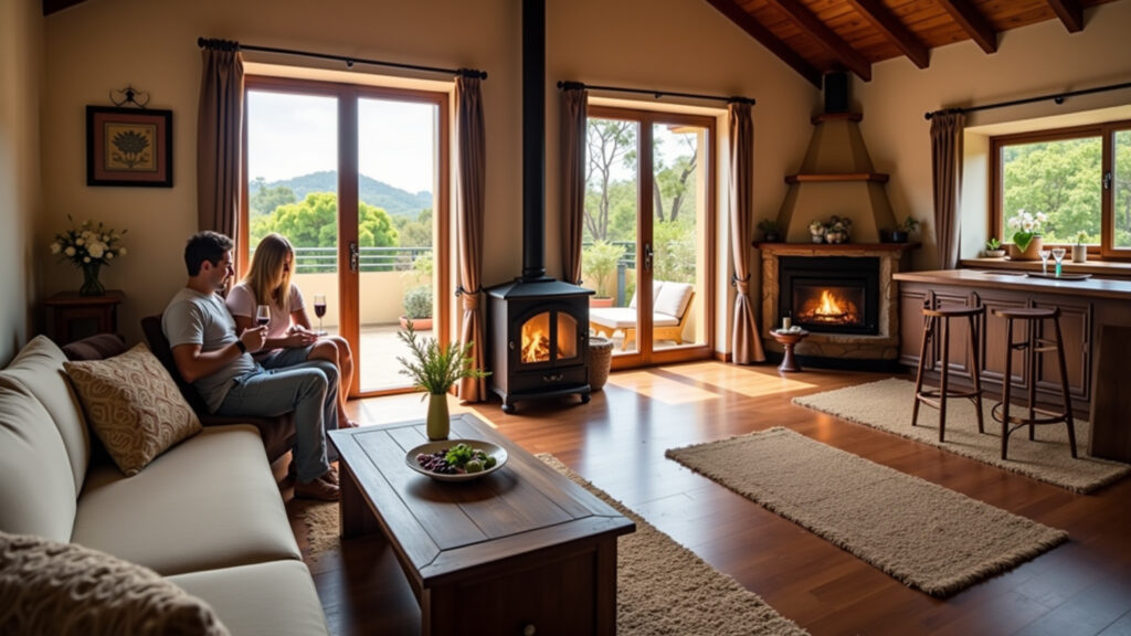 Charming pousada in Serra Gaúcha, fireplace, couple enjoying wine, 8K quality, natural lighting, Casal aproveitando o charme e aconchego de uma pousada na Serra Gaúcha.