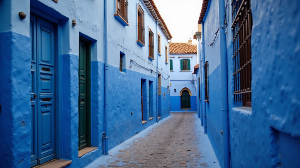 Chefchaouen blue city, narrow streets, professional photography, 8K quality, sharp focus, natural Ruas azuis de Chefchaouen, Marrocos.
