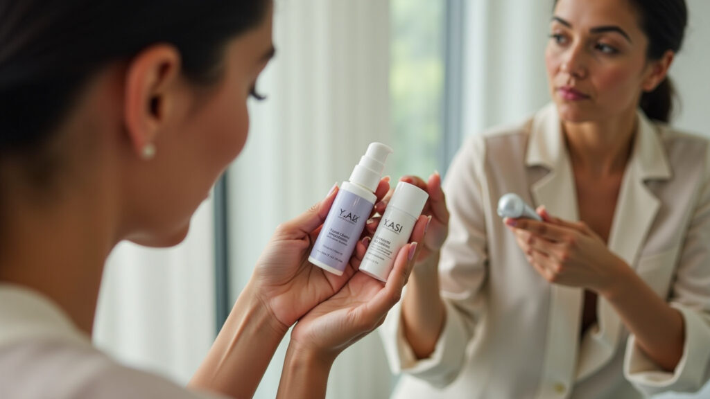 Choosing skincare products, woman reading labels, minimalist routine, 8k, professional photography, Como escolher produtos de skincare.