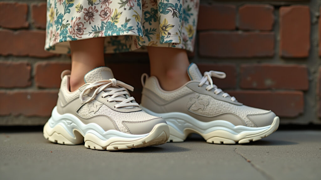 Fashionista brasileira com tênis chunky e vestido floral.