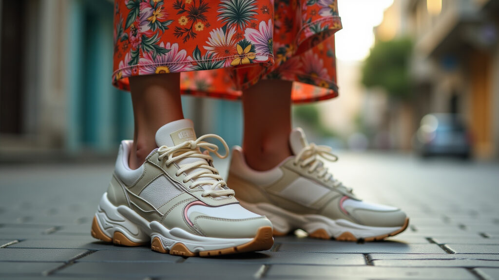 Tênis Chunky com vestido floral.