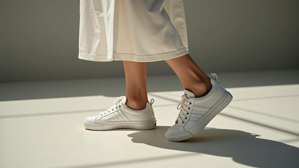 Tênis branco clássico com vestido midi, look atemporal.