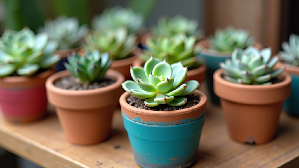 Close-up, handcrafted mini succulents in painted clay pots, personalized tags, natural lighting, 8K Mini suculentas personalizadas como lembrancinha de maternidade.