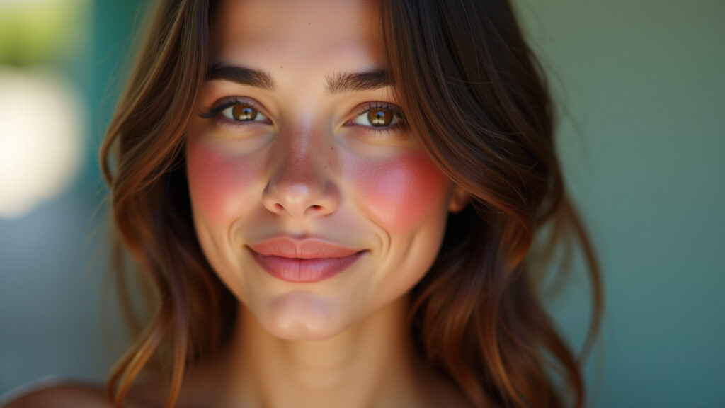 Close-up of a young woman with strawberry makeup, rosy cheeks, and a natural glow, Brazilian style, Mulher com maquiagem strawberry, pele radiante e bochechas rosadas.